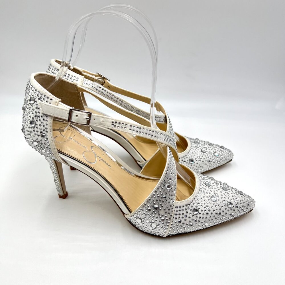 Jessica Simpson Womens 6.5 Accile‎ White Jeweled Stiletto Heels Pumps Shoes